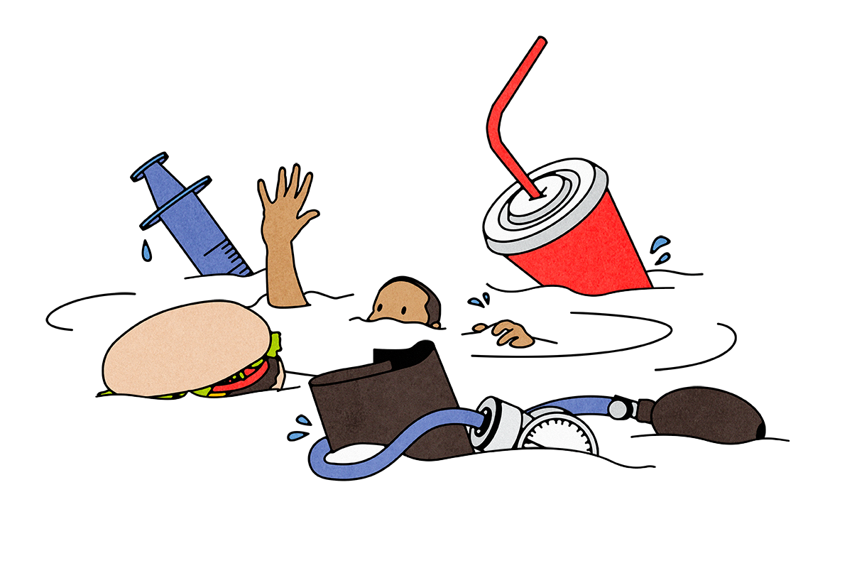 Illustration of a person submerged in water surrounded by fast food, a syringe, an empty wallet, and a sugary drink — representing the daily pressures of managing diabetes alongside food and financial strain.