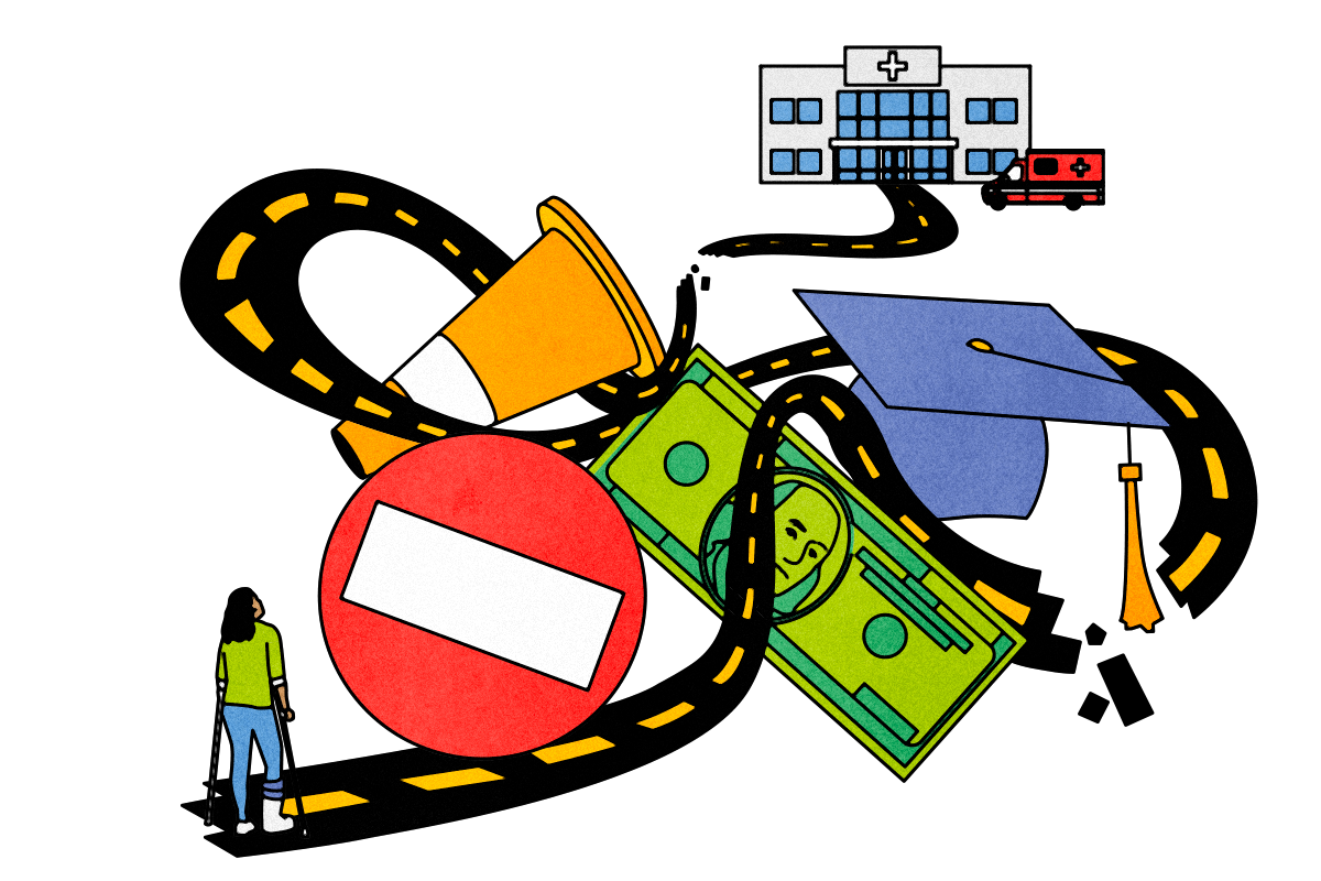 Illustration representing the everyday building blocks of health — food, transportation, and stable support — that often sit outside traditional health care.