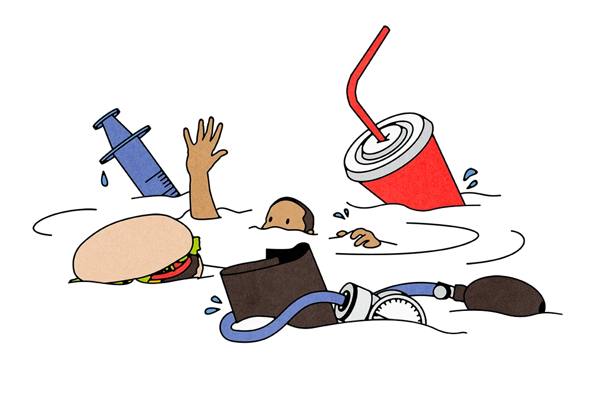 Illustration of a person submerged in water surrounded by fast food, a syringe, an empty wallet, and a sugary drink — representing the daily pressures of managing diabetes alongside food and financial strain.
