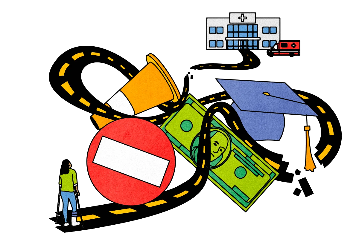 Illustration representing the everyday building blocks of health — food, transportation, and stable support — that often sit outside traditional health care.